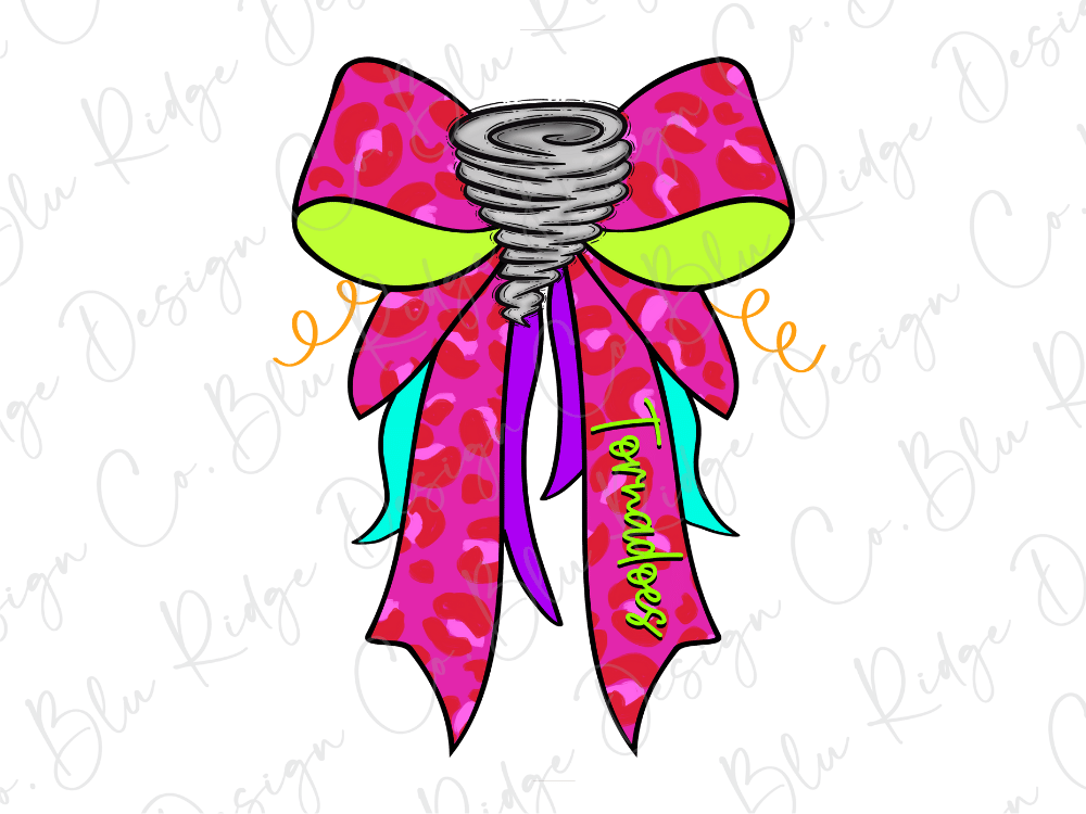 A colorful bow with a stormy swirl design, featuring a mix of pink, green, and yellow colors.