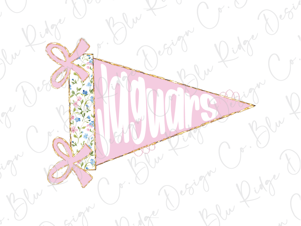 A pink triangular flag with the word "Jaguars" written on it, along with two pink bows.