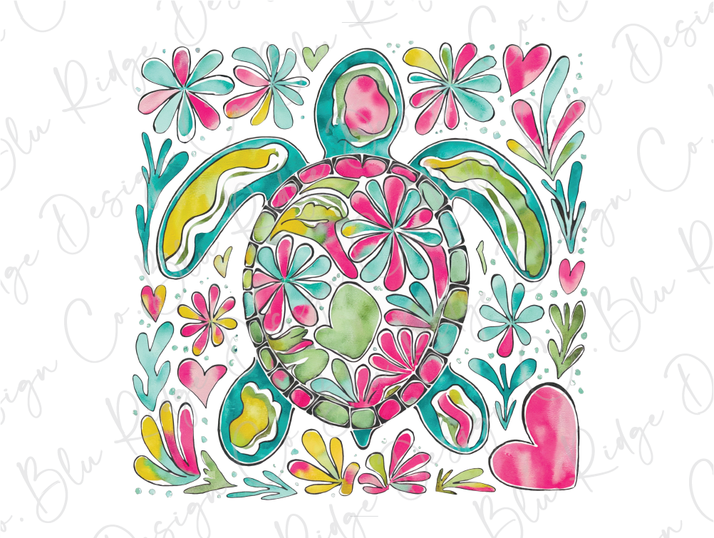 a watercolor drawing of a turtle with flowers and hearts