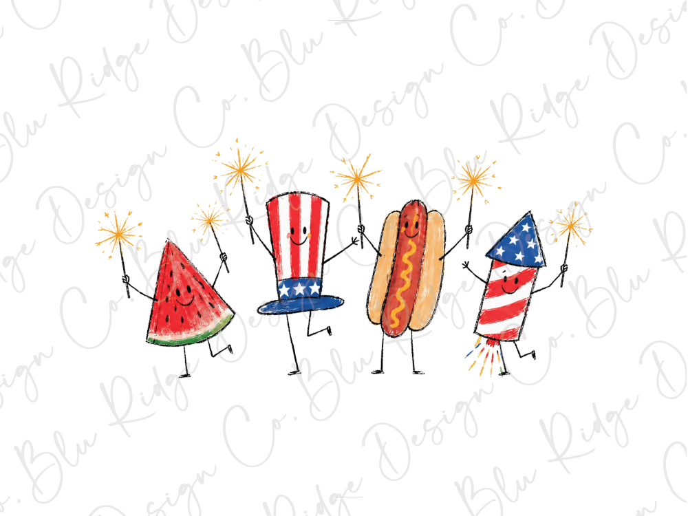 A group of four anthropomorphic objects, including a watermelon, a hot dog, a firework, and a fireworks rocket, are depicted in the image.