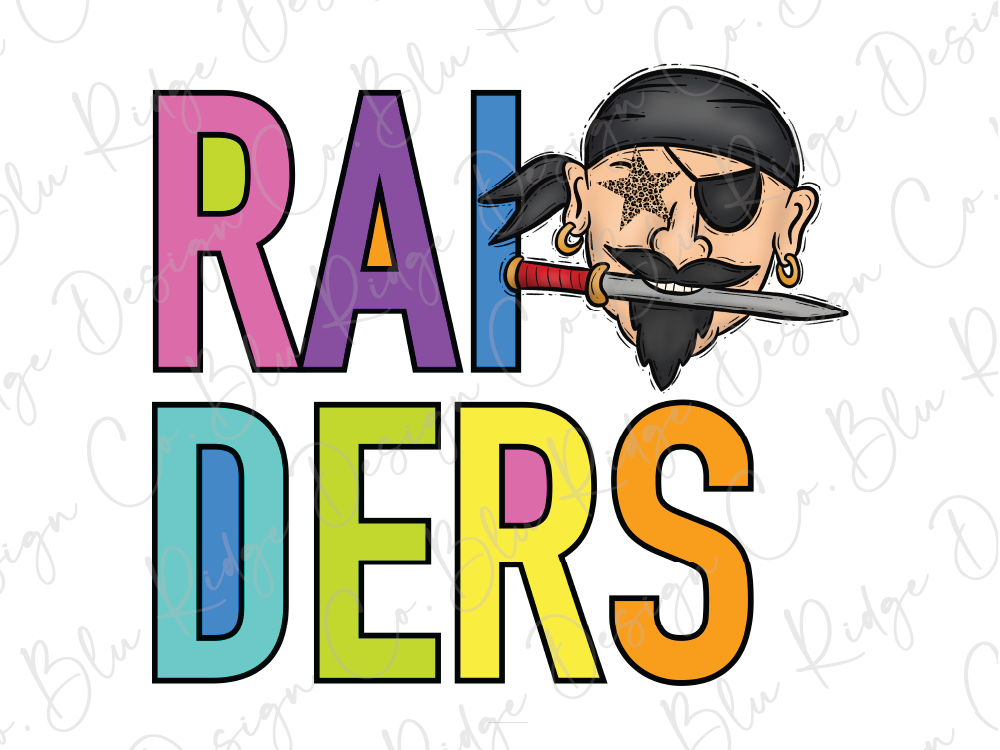 a colorful pirate face with a pirate hat and sword, accompanied by the text "RAIDERS" in a playful, cartoon-like font.