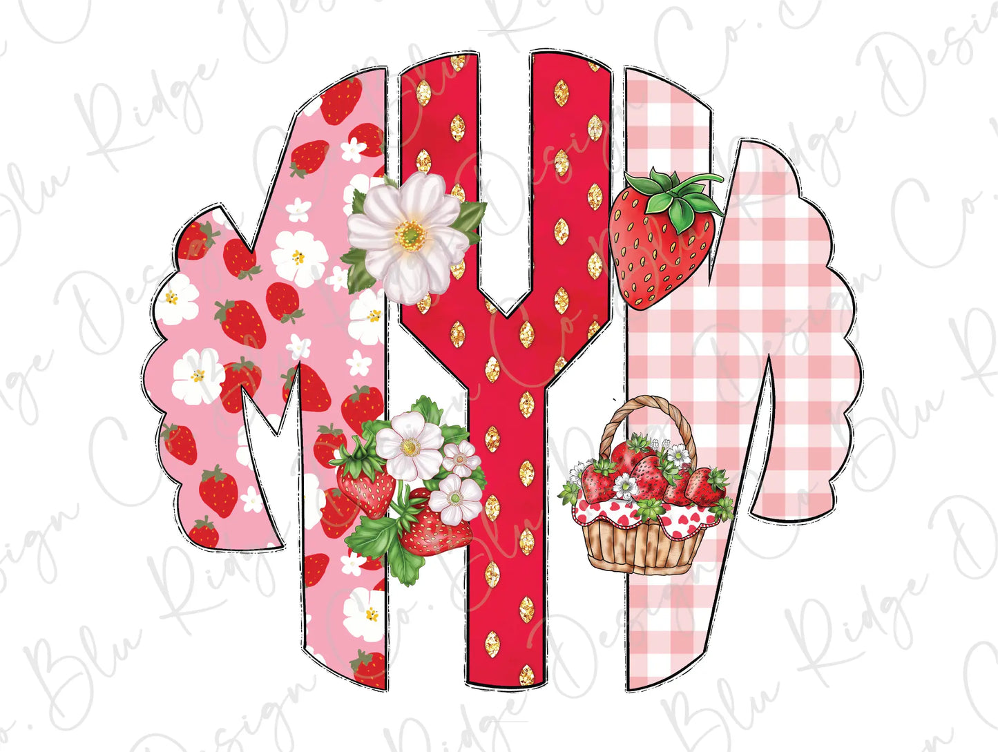 a cutout of the letter m with flowers and strawberries