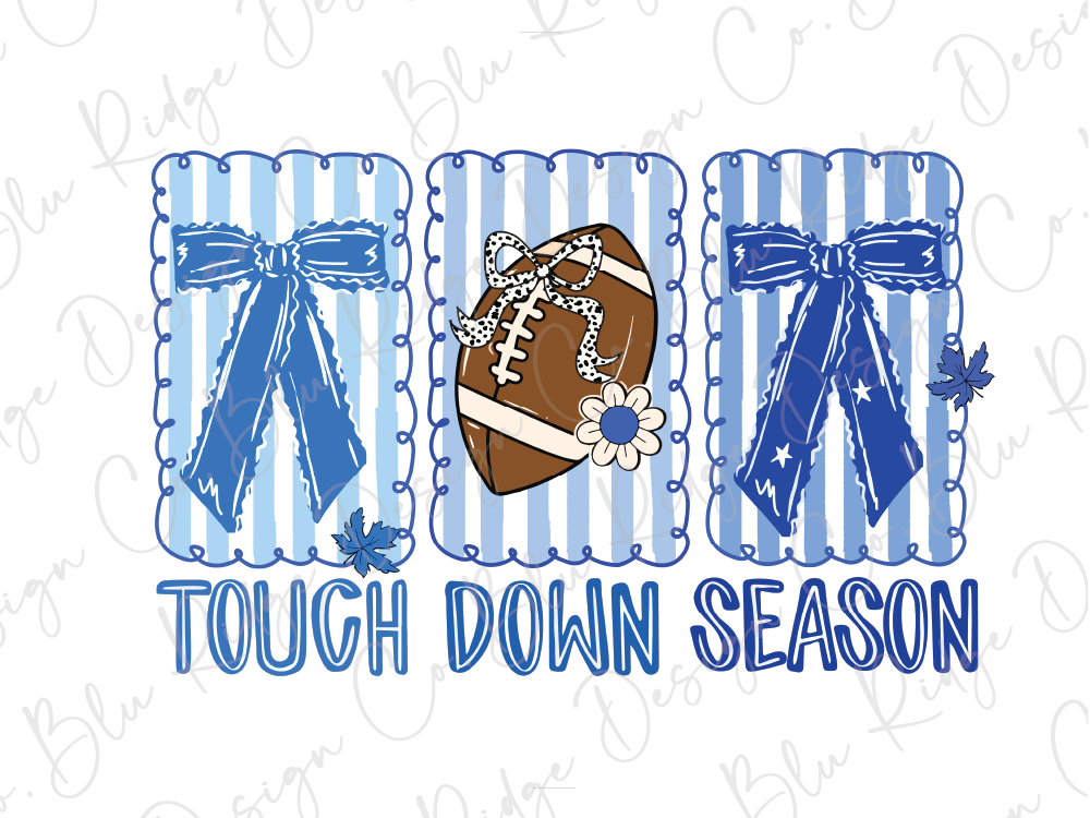 The image is a collage of three blue and white striped frames, each containing a football, a bow, and a flower. The text "TOUGH DOWN SEASON" is written across the image.