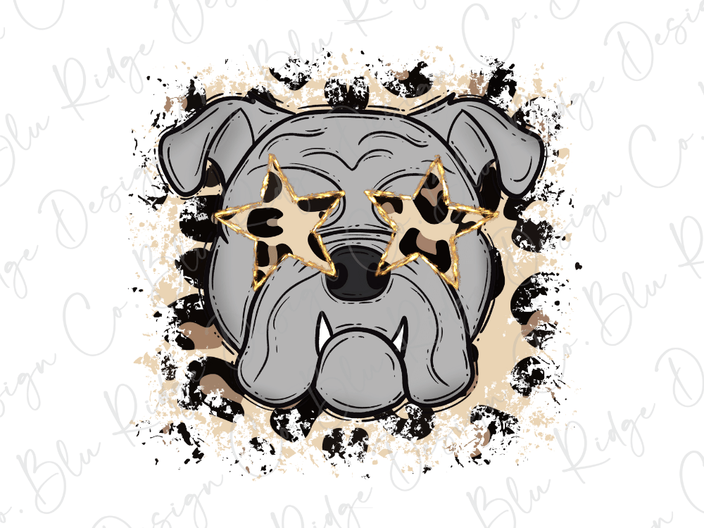A stylized illustration of a bulldog wearing leopard print sunglasses with star-shaped patterns.