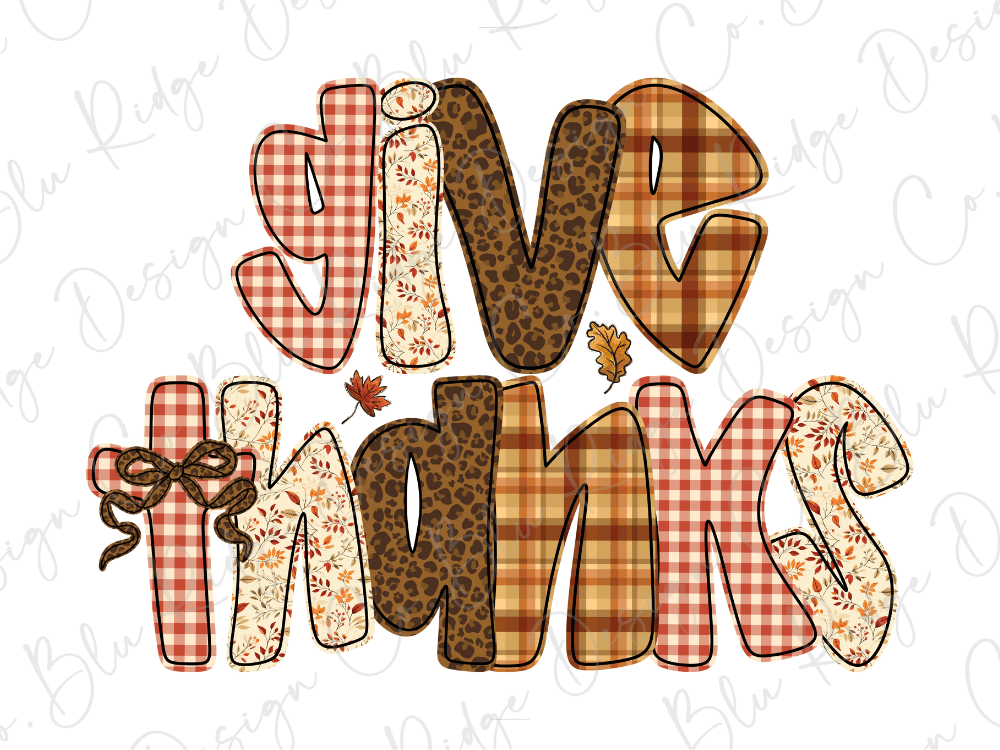 the word "give thanks" written in a stylized, decorative font with various autumn-themed elements such as leaves, flowers, and plaid patterns.