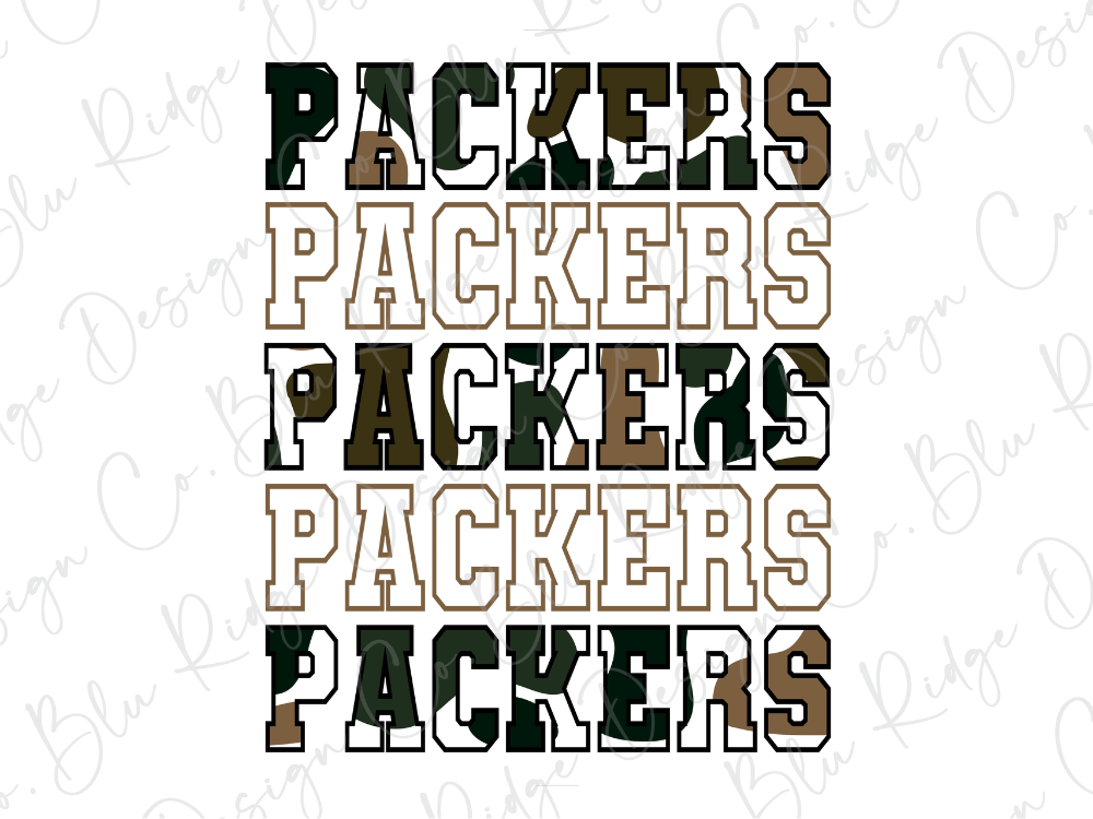 the text "PACKERS" repeated in various sizes and orientations, creating a visually striking and textured effect.