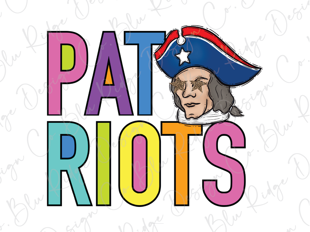 a patriotic figure wearing a hat with a star, surrounded by the text "PATRIOTS" in a colorful, stylized font.
