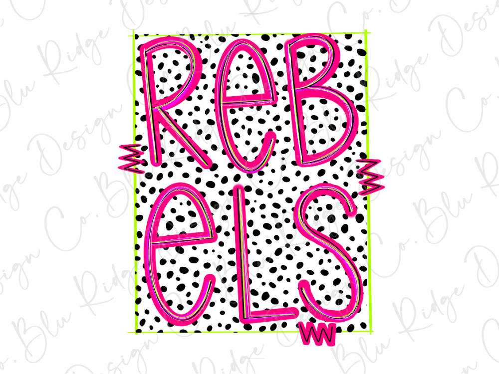 the word "REBELS" in a bold, pink font against a background of black and white polka dots.