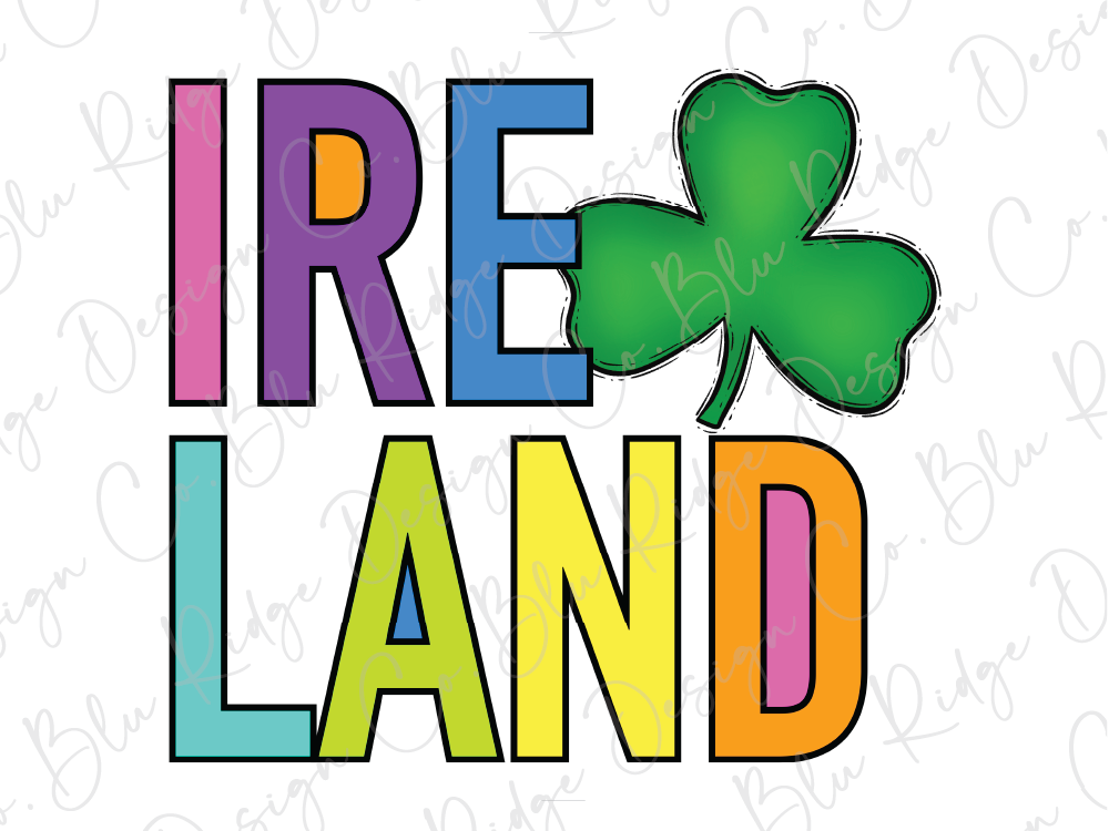the word "LAND" in a colorful, stylized font, with a green shamrock symbol next to it.