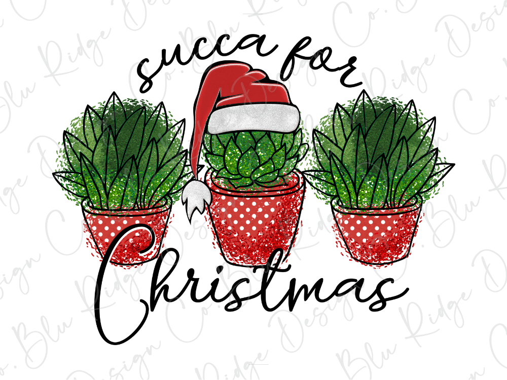three potted succulents with a Santa hat on top, accompanied by the text "succa for Christmas".