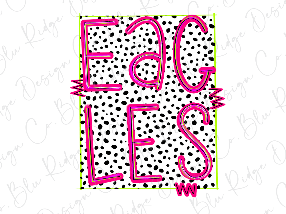 a bold and colorful design with the word "EAGLES" prominently displayed in large pink letters against a background of black and white polka dots.