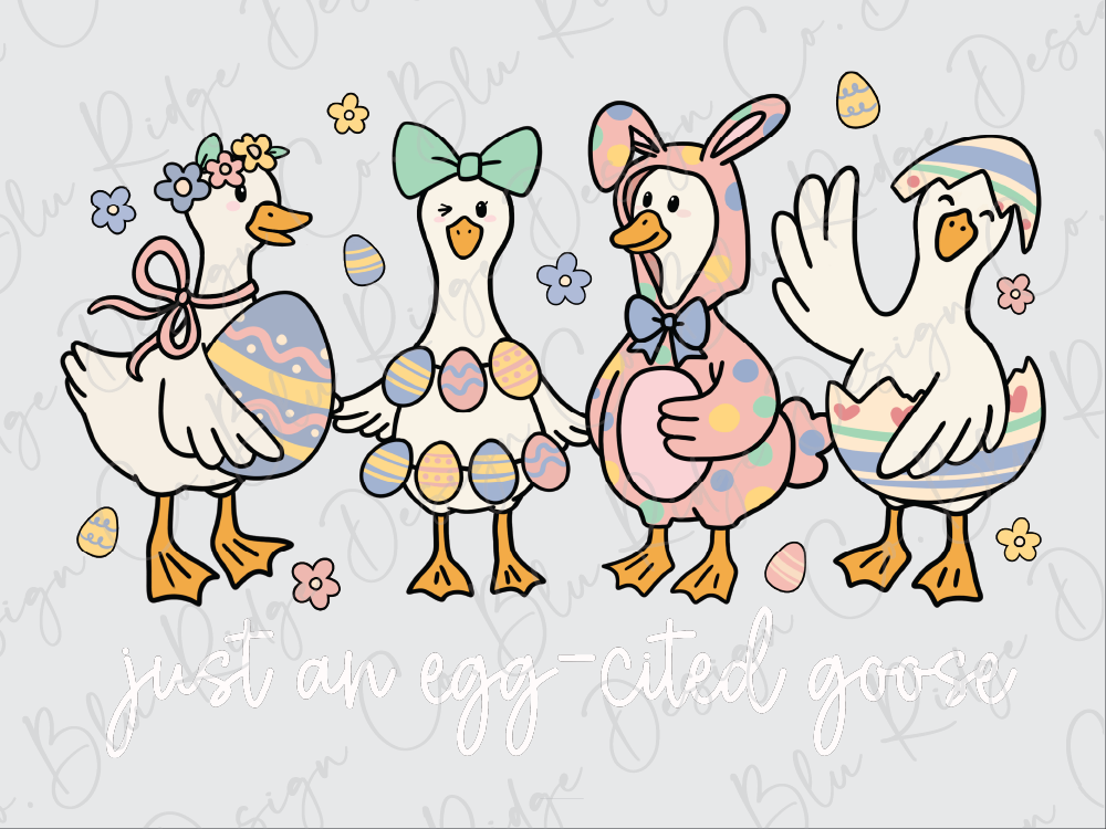 A group of four cartoon ducks, each wearing a unique Easter-themed outfit, standing together and surrounded by Easter eggs and flowers.