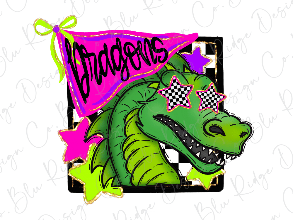 A colorful illustration of a dragon with checkerboard eyes, surrounded by stars and a pink banner with the word "Bridgestone" written on it.