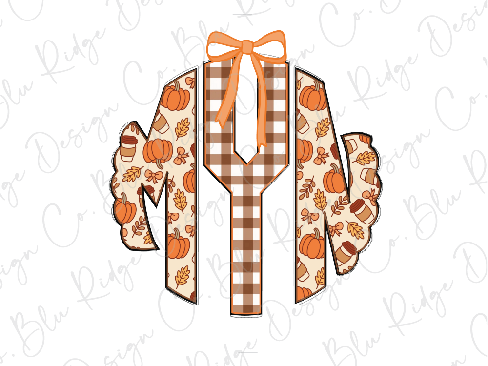 A monogram made up of a tie and a jacket, with a bow and autumn-themed elements such as pumpkins and leaves.
