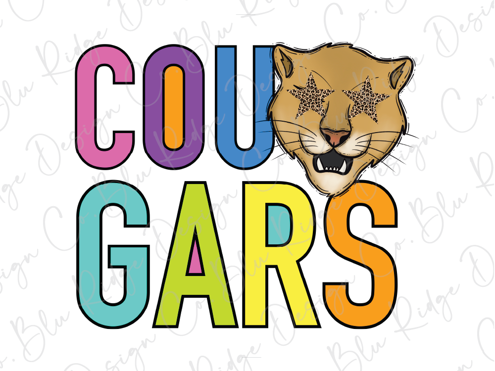 a cougar with star-shaped eyes, accompanied by the text "COUGARS" in a colorful, stylized font.