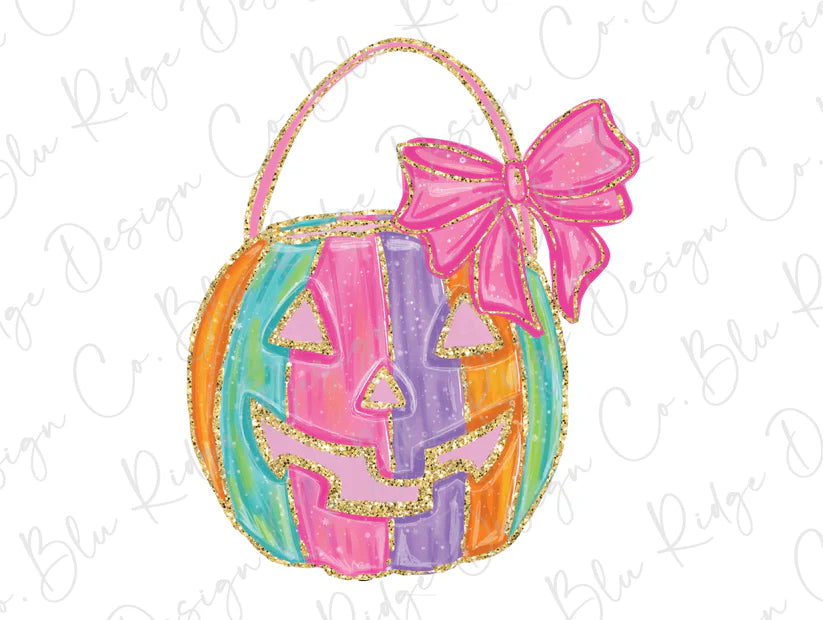 Pastel Faux Glitter Jack O Lantern Pumpkin Bucket Bow Graphic T-Shirt