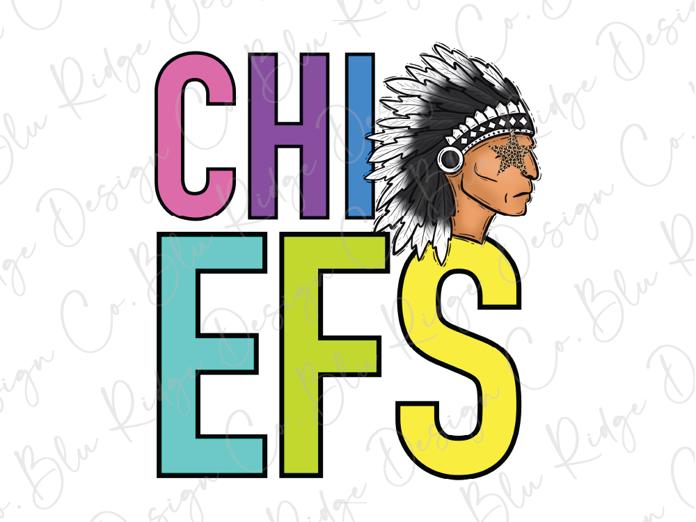 A colorful graphic design featuring the letters 'CHI' and 'EF' with an illustration of a Native American headdress.