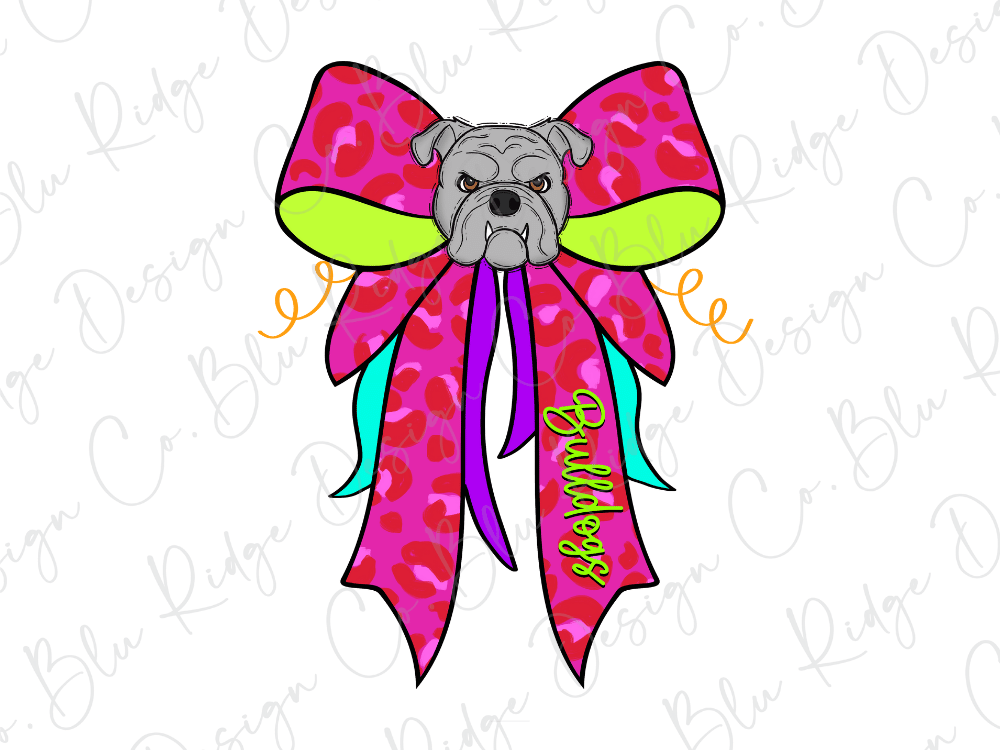 A cartoon illustration of a bulldog wearing a large pink bow with a leopard print pattern.