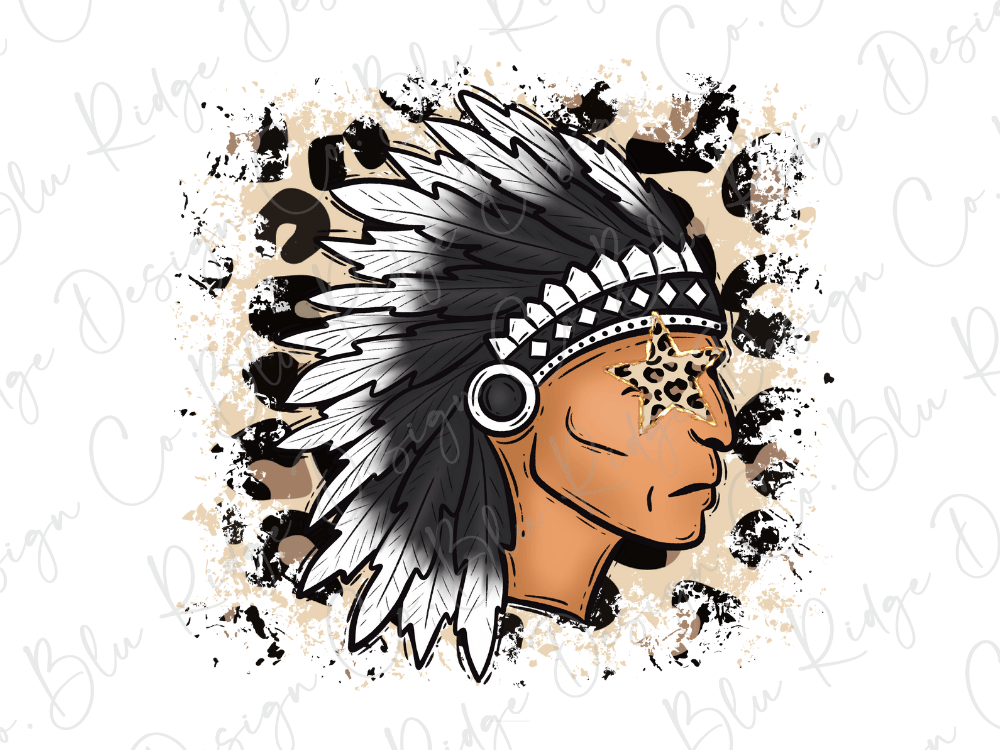 a stylized illustration of a Native American headdress with a leopard print design.