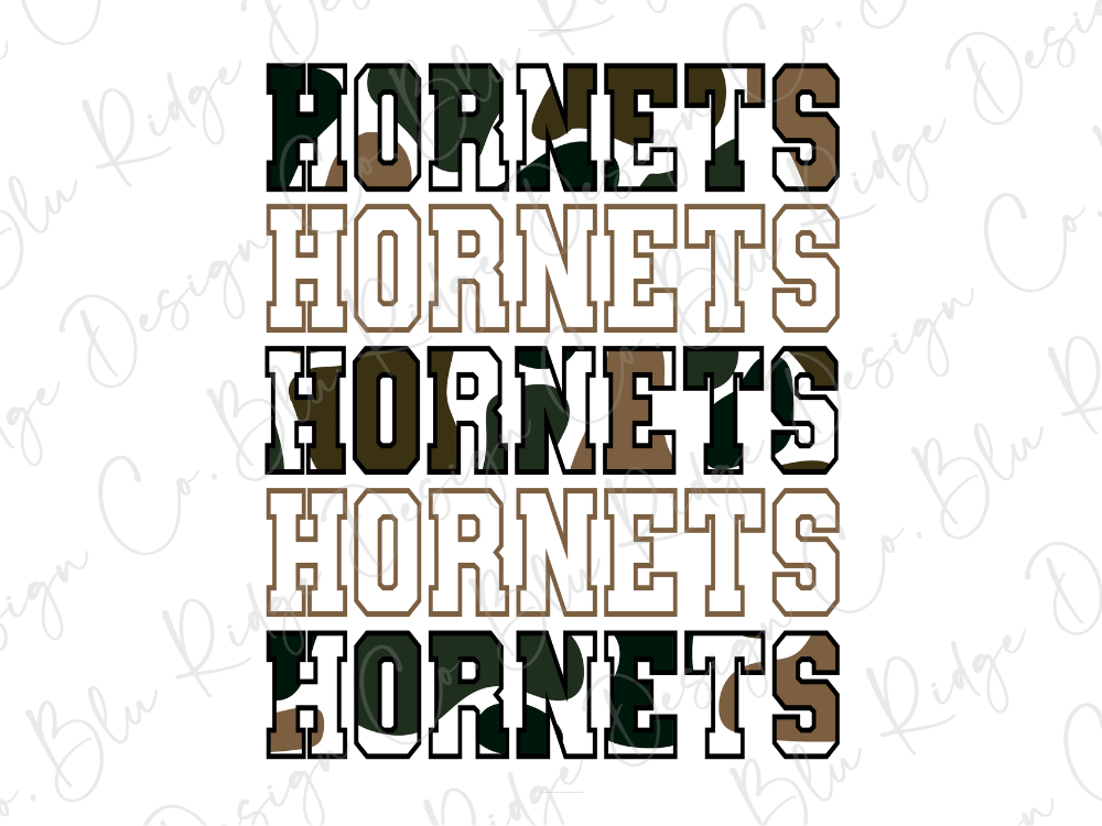 the word "HORNETS" repeated in various sizes and orientations, creating a visually interesting and textured composition.