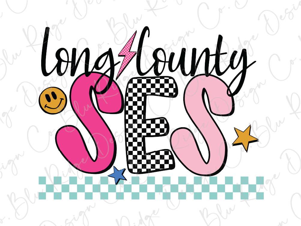 a colorful and playful design with the text "long county ses" prominently displayed. The text is composed of various shapes, including a checkerboard pattern, a smiley face, and a lightning bolt. The overall design has a vibrant and energetic feel, with the use of different colors and patterns creating a visually appealing and dynamic composition.
