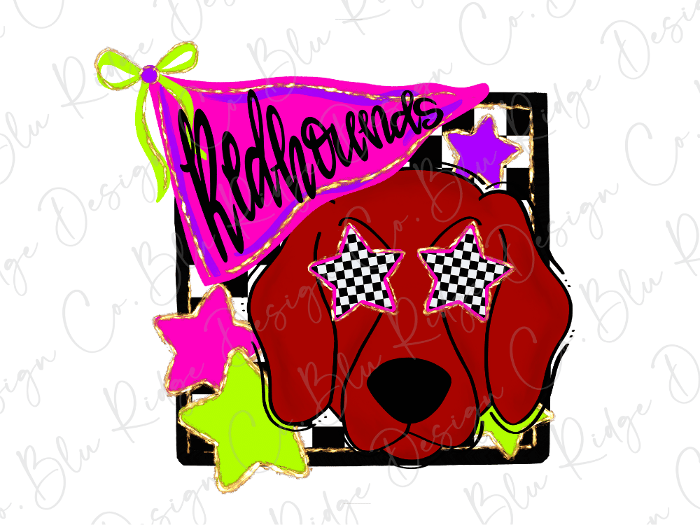 A red dog with star-shaped eyes is surrounded by colorful stars and a pink flag with the word "Redfounds" written on it.