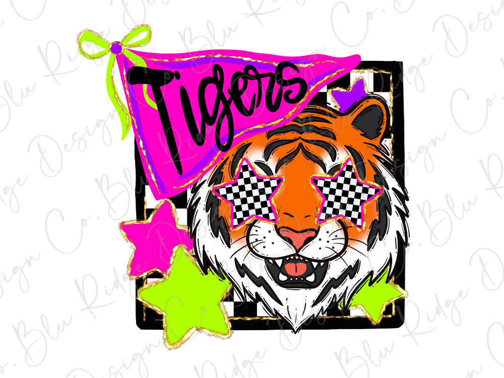 A vibrant illustration featuring a tiger's face with checkerboard eyes, surrounded by colorful stars and a pink flag with the word "Tigers" written on it.