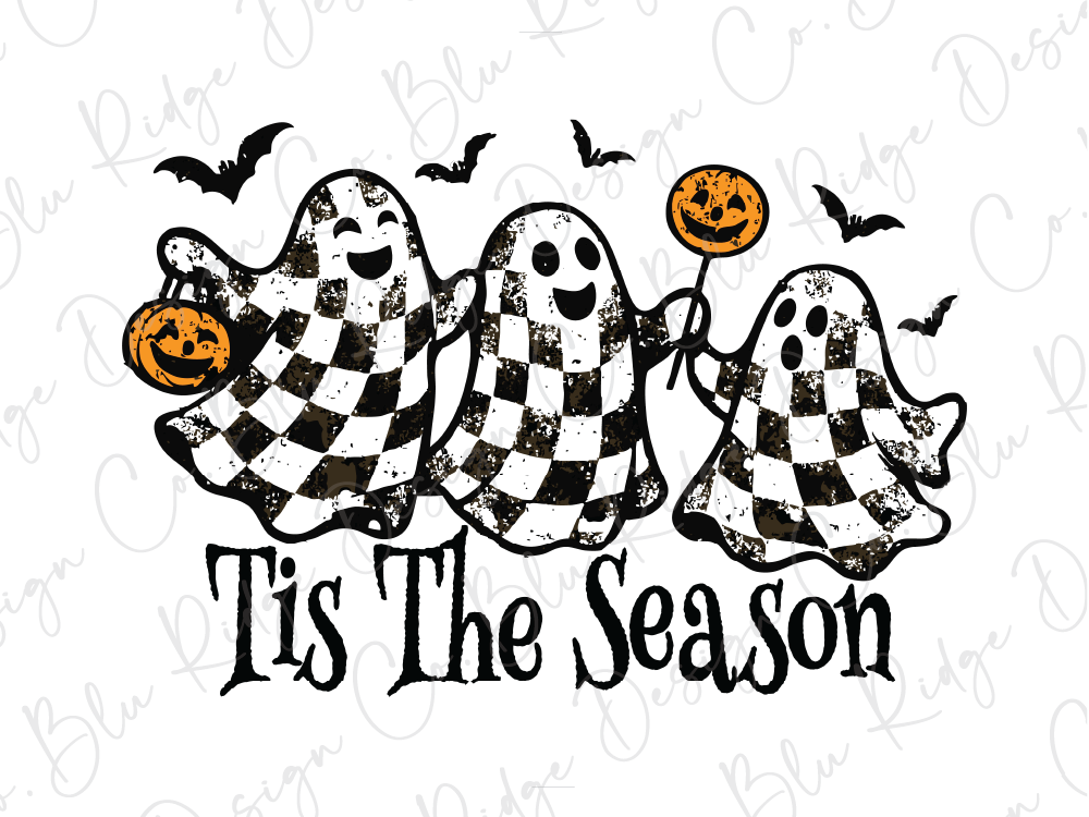 three black and white checkerboard ghost characters holding orange pumpkins, with the text "Tis The Season" written below them.