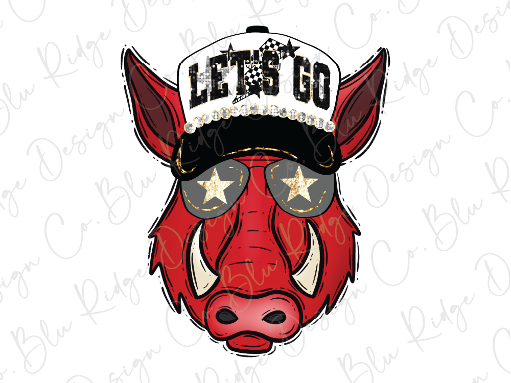 A red cartoon pig wearing a hat with the text "LET'S GO" and sunglasses.