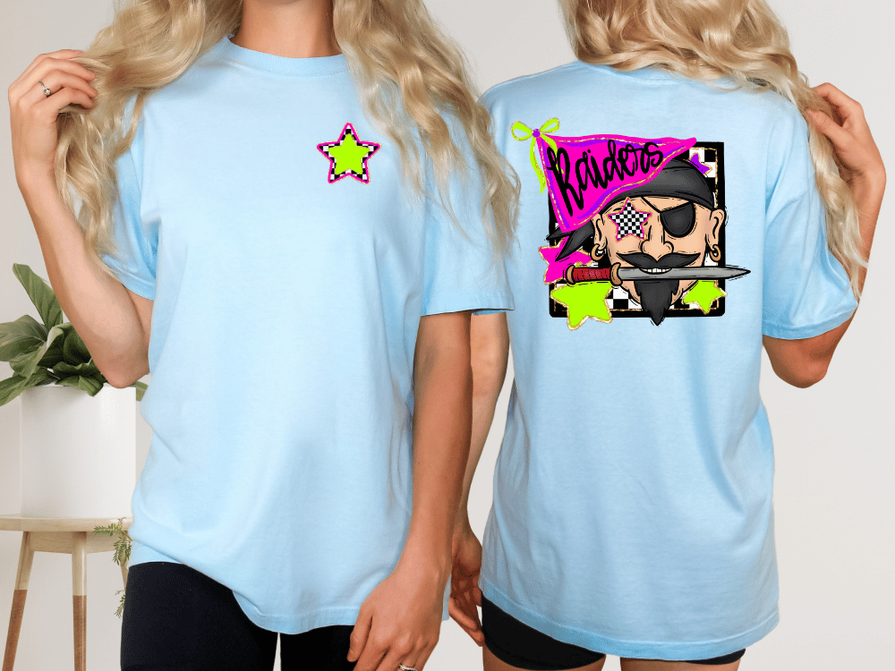 two different views of a woman wearing a light blue t-shirt with a graphic design on the back.