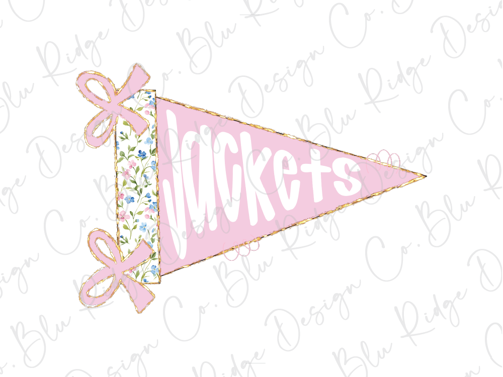 A pink triangular flag with the word "JACKETS" written on it, along with two pink bows.