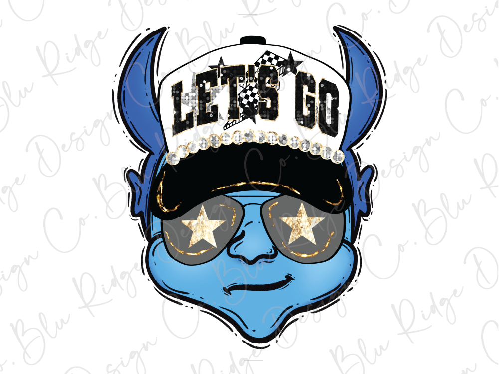 A stylized illustration of a blue character wearing a hat with the text "LET'S GO" and sunglasses with stars.