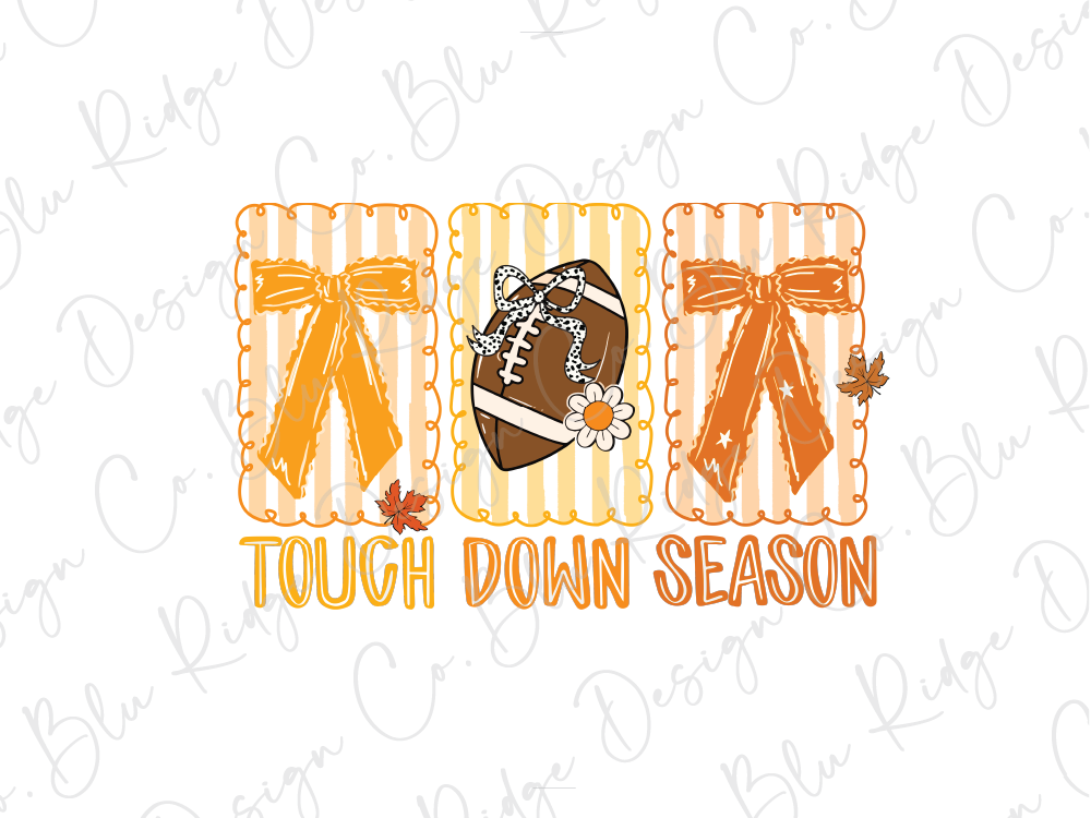 The image is a graphic design featuring a football, three orange and white striped rectangles, and the text "TOUGH DOWN SEASON" in a playful and festive style.
