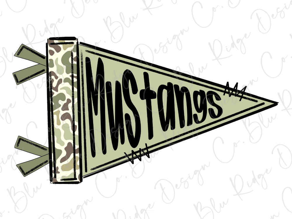 A flag with the word "Mustangs" written on it, featuring a camouflage pattern.
