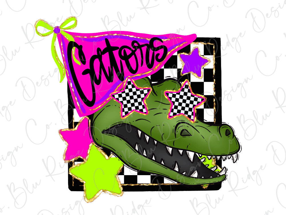 A stylized illustration of a green alligator with checkered star eyes, surrounded by a checkered pattern and pink and green stars.