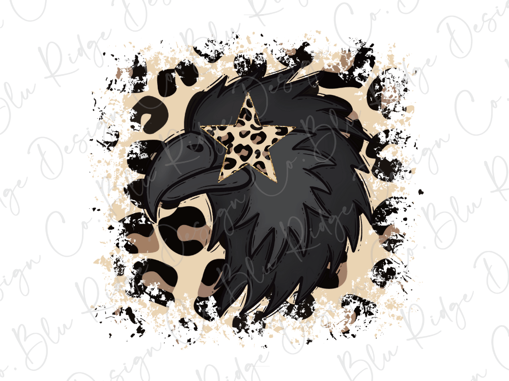 A stylized illustration of an eagle head with a star-shaped eye, surrounded by a leopard print pattern.