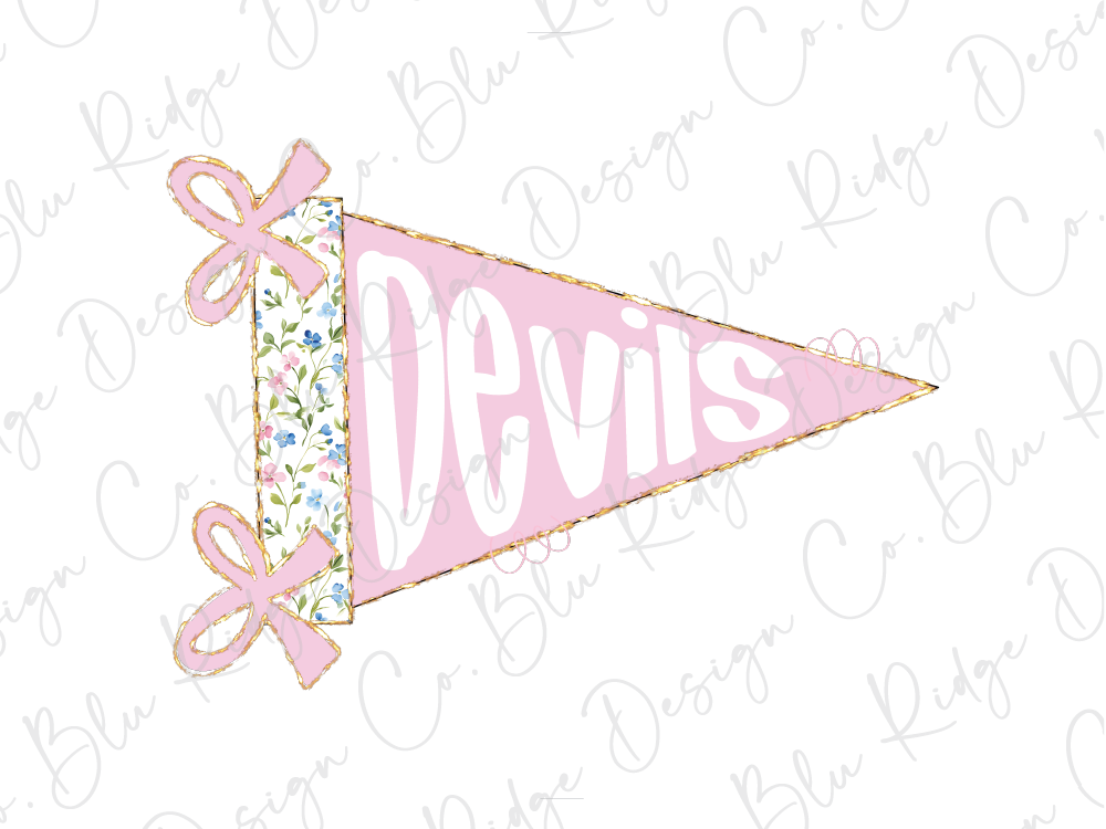 A pink triangular flag with the word "Devils" written on it, along with two pink bows.
