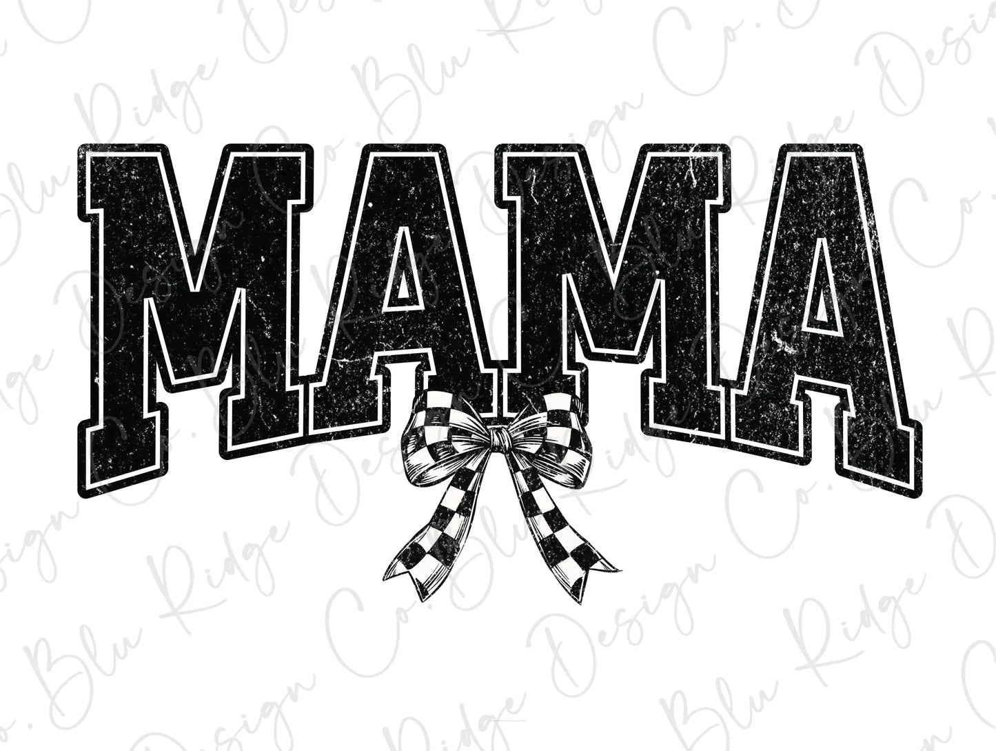 a black and white image of the word mama with a bow