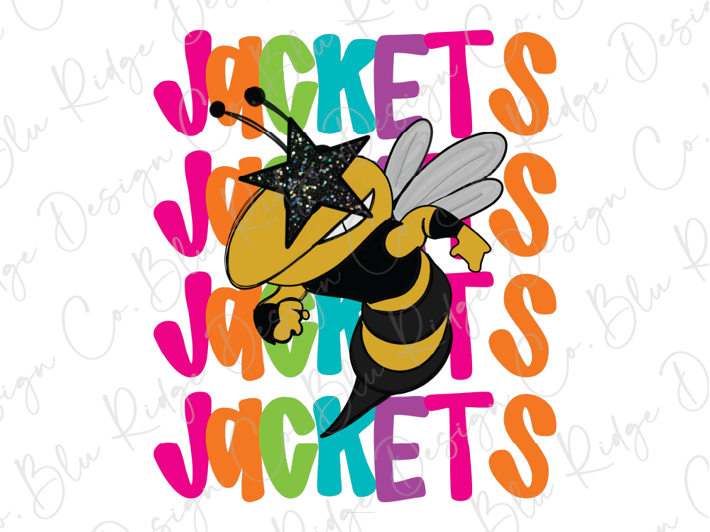 A colorful illustration of a bee wearing a jacket, with the word "JACKETS" written in various colors around it.