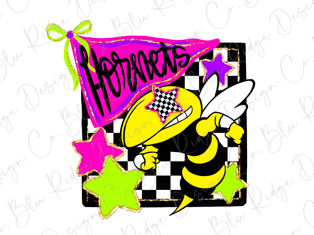 A colorful illustration featuring a cartoon bee character with a checkered pattern on its body, surrounded by stars and a banner with the word "Hornets" written on it.