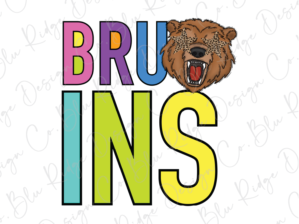 A colorful graphic design featuring the word "BRUINS" with a bear's head in the center, surrounded by various colored letters.