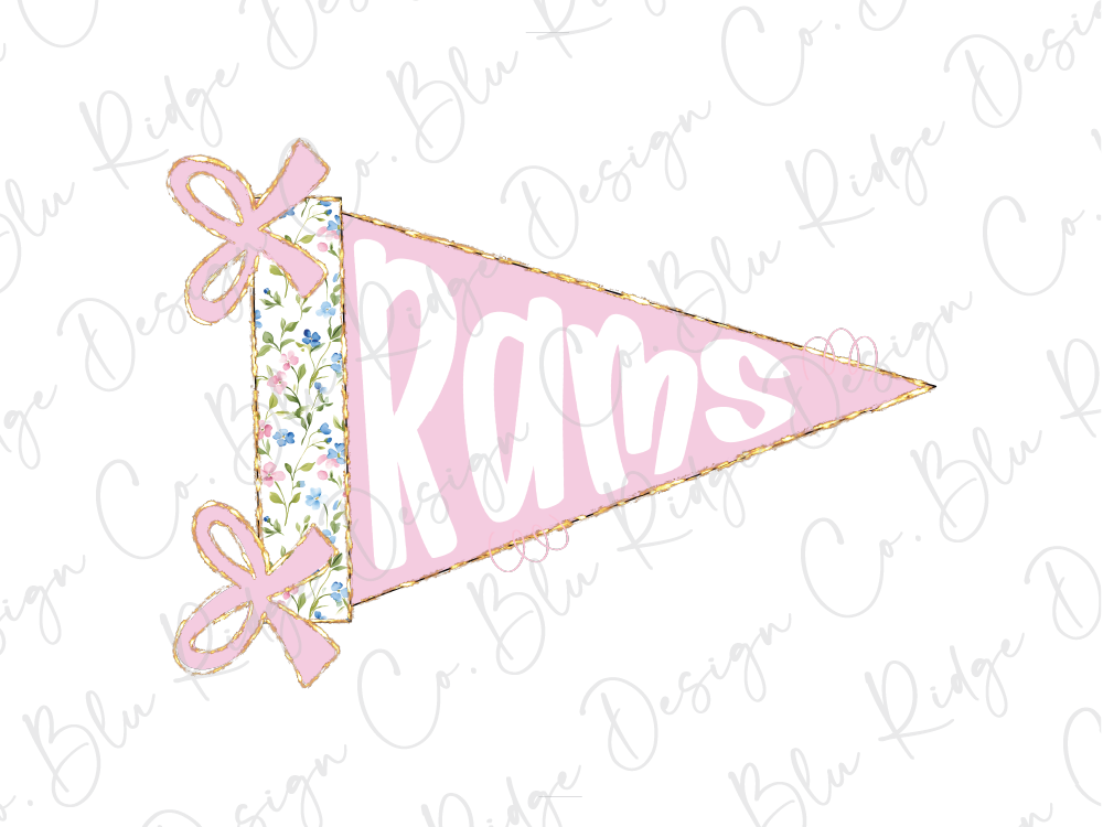 A pink triangular flag with the word "Rams" written on it, along with two pink bows.