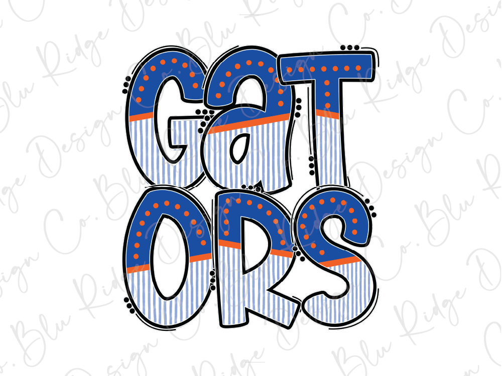 the word "GATORS" in stylized text with a pattern of blue and orange dots and stripes.