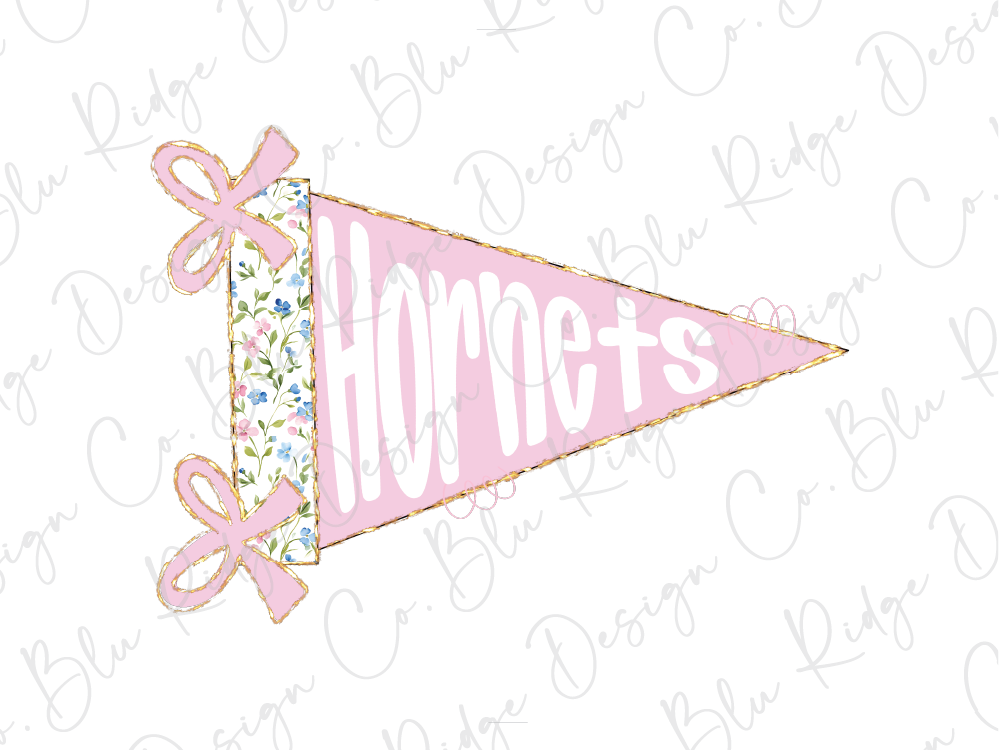 A pink triangular flag with the word "Hornets" written on it, along with two pink bows.