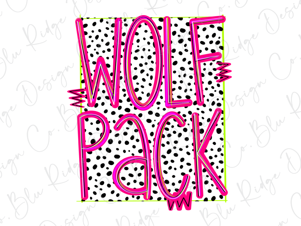 the text "WOLF PACK" in a bold, pink font against a background of black and white polka dots.
