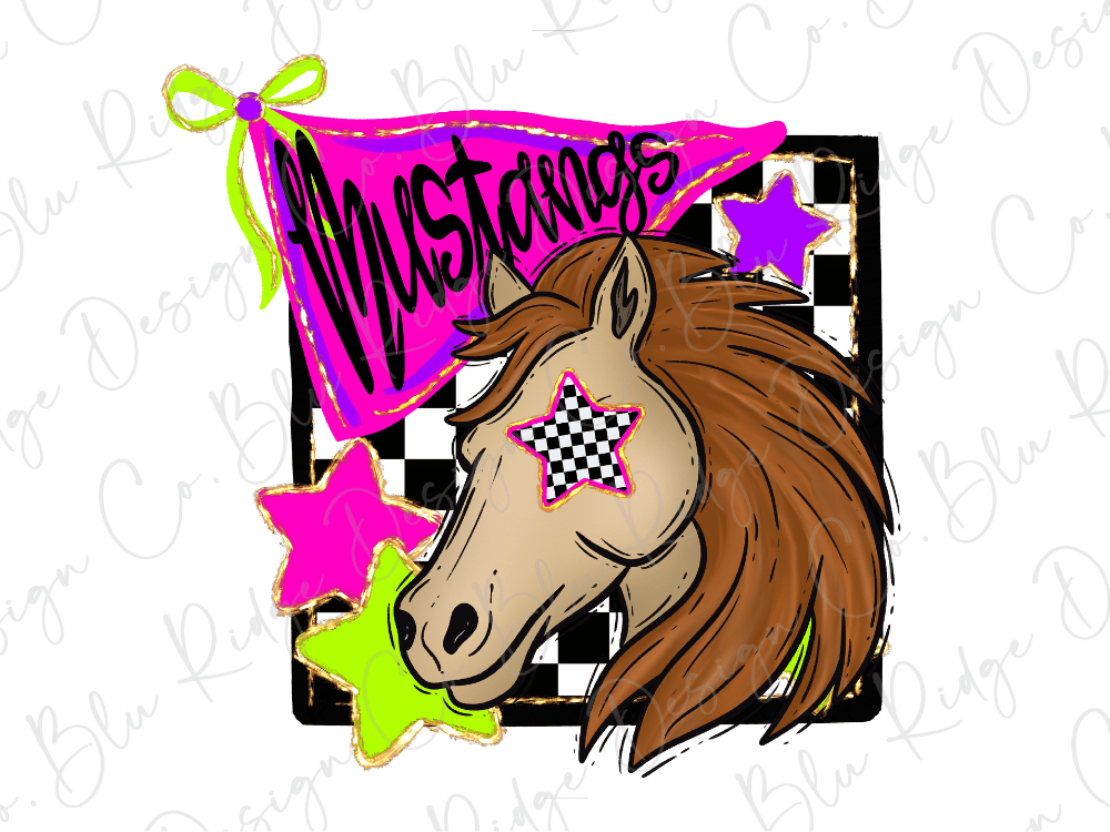 a stylized illustration of a horse with a checkered star on its face, surrounded by colorful stars and a pink banner with the word "Mustangs" written on it.