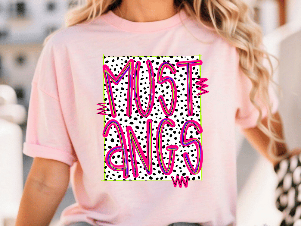 A woman wearing a pink t-shirt with the text "MUSTangs" printed on it.