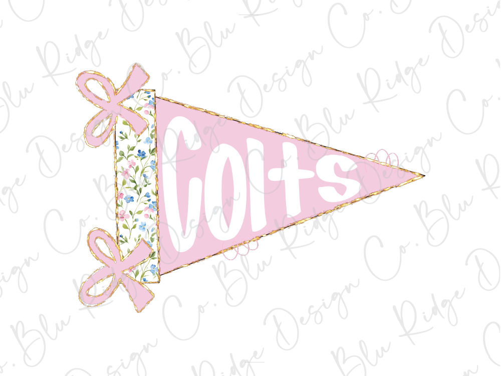 A pink triangular flag with the word "Celt's" written on it, along with two pink bows.