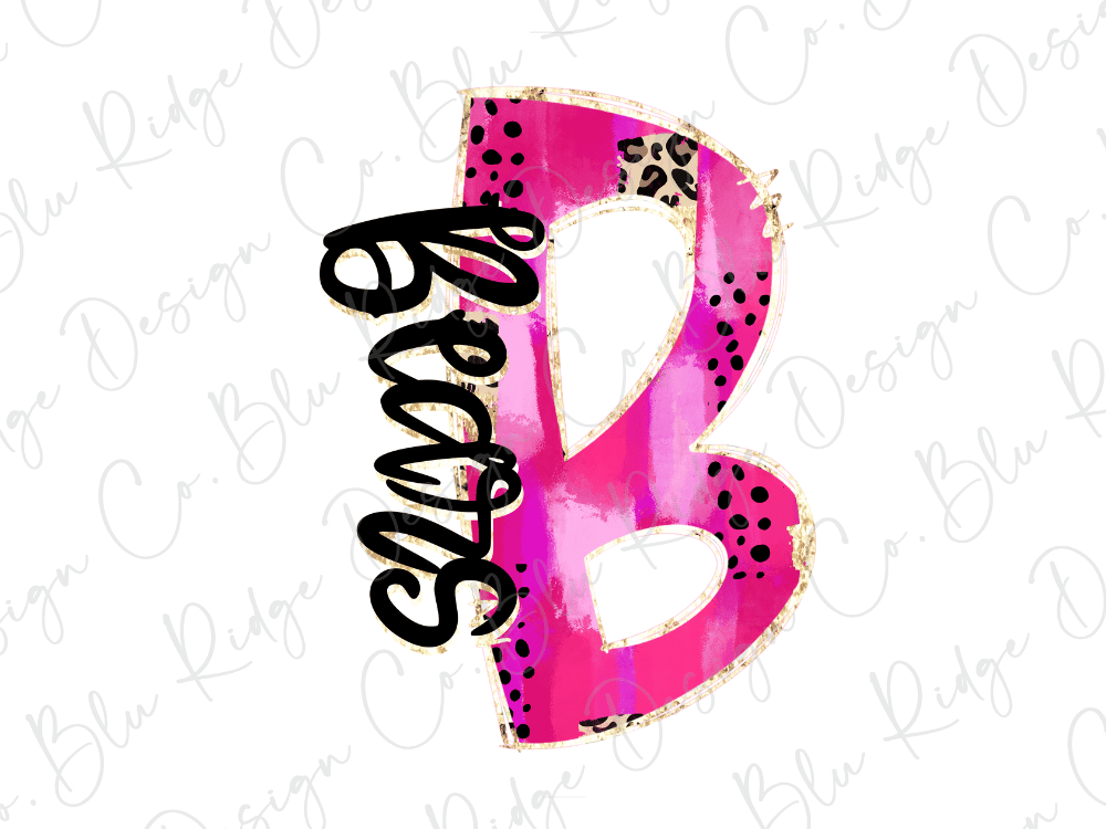 A pink and black letter 'B' with a leopard print pattern and the word "Love" written in cursive script.