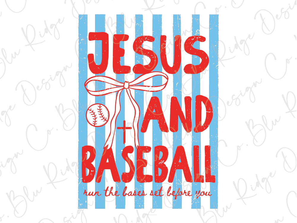 a graphic design with the text "JESUS + BASEBALL run the bases set before you" prominently displayed.
